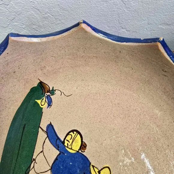 Handmade Mexican Tlaquepaque Ceramic Serving Bowl Painted Bird  Cactus Design - Picture 12 of 12